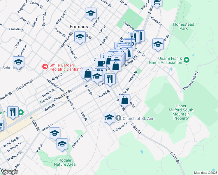 map of restaurants, bars, coffee shops, grocery stores, and more near 41 South 5th Street in Emmaus