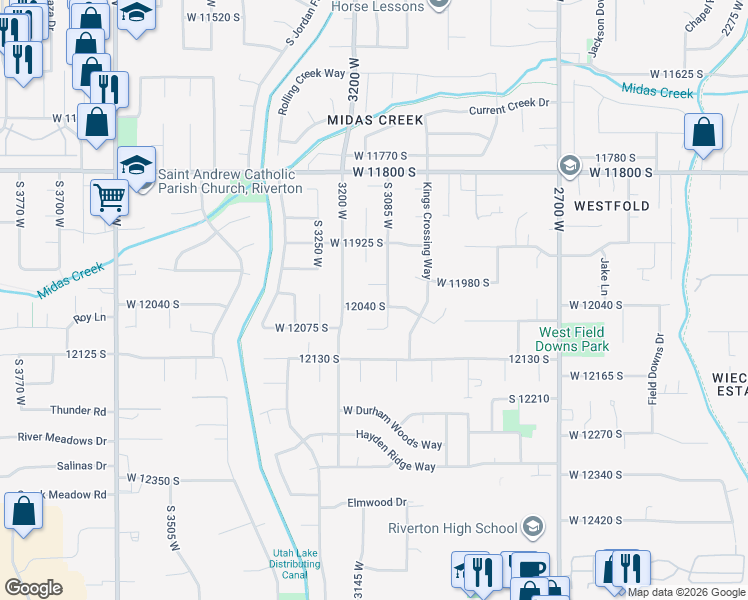 map of restaurants, bars, coffee shops, grocery stores, and more near 3122 12040 South in Riverton