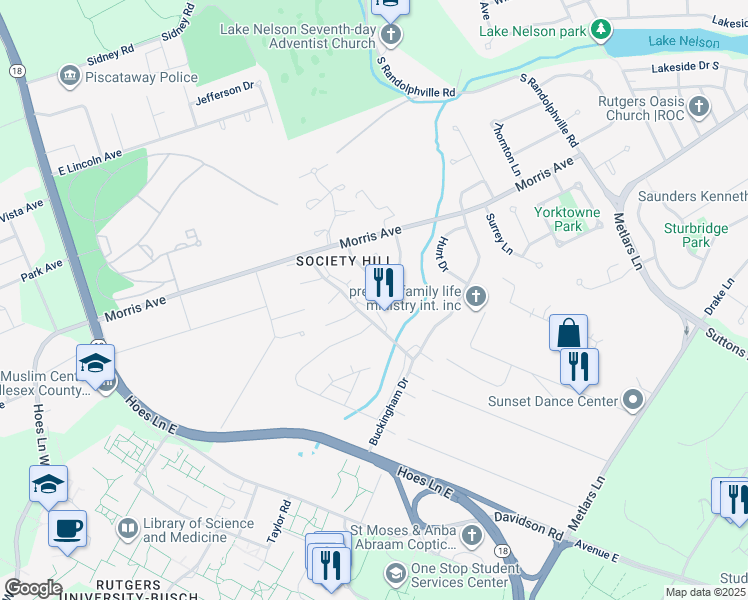 map of restaurants, bars, coffee shops, grocery stores, and more near 55 Canterbury Court in Piscataway
