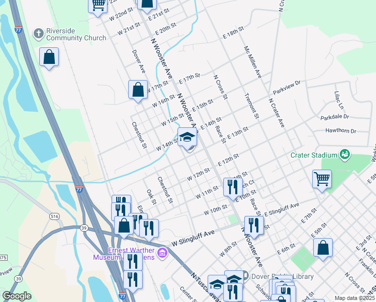 map of restaurants, bars, coffee shops, grocery stores, and more near 125 West 13th Street in Dover