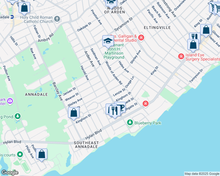 map of restaurants, bars, coffee shops, grocery stores, and more near 200 Shirley Avenue in Staten Island