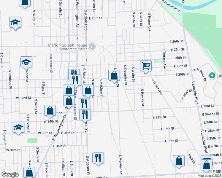 map of restaurants, bars, coffee shops, grocery stores, and more near 524 East 31st Street in Marion