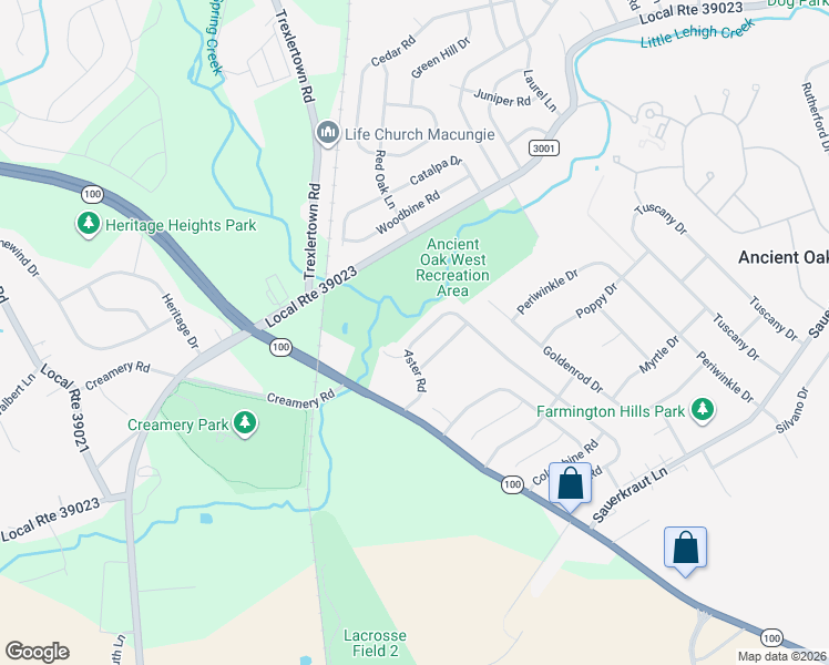 map of restaurants, bars, coffee shops, grocery stores, and more near 1859 Aster Road in Macungie