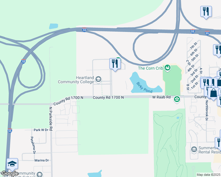 map of restaurants, bars, coffee shops, grocery stores, and more near Millennium Boulevard in Normal