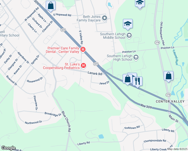 map of restaurants, bars, coffee shops, grocery stores, and more near 5502 Lanark Road in Lehigh County