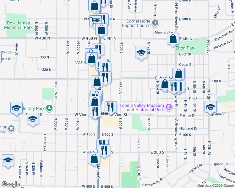 map of restaurants, bars, coffee shops, grocery stores, and more near 117 North 100 East in Tooele