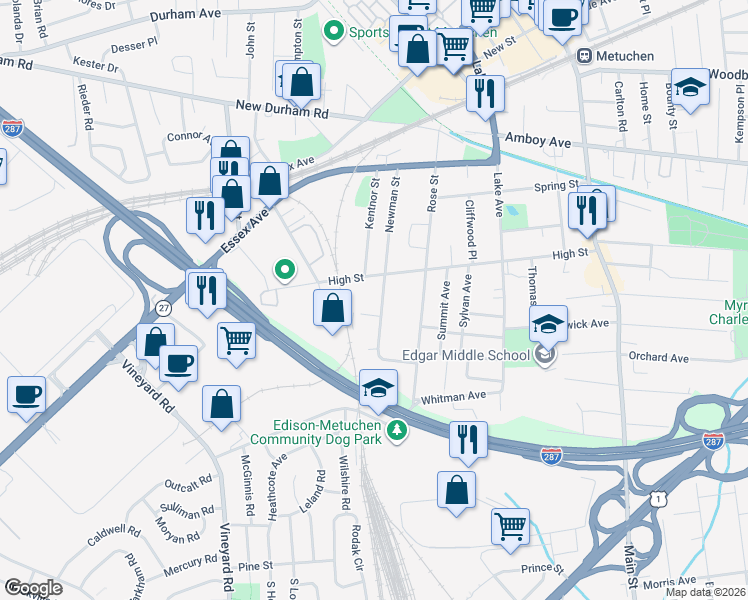 map of restaurants, bars, coffee shops, grocery stores, and more near 231 High Street in Metuchen