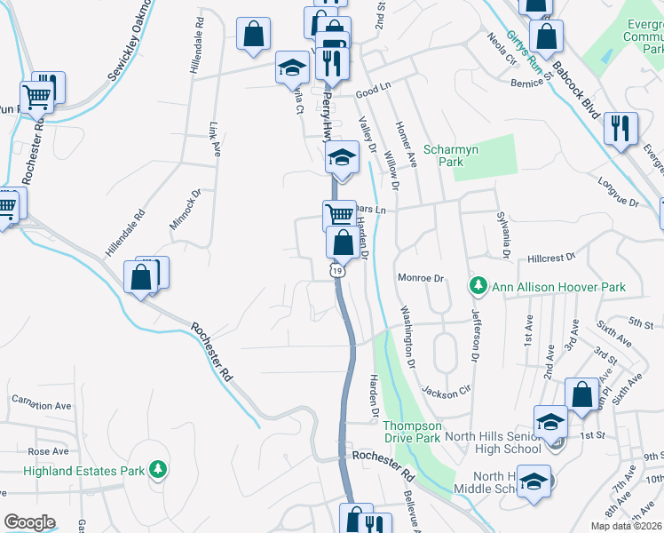 map of restaurants, bars, coffee shops, grocery stores, and more near 908 U.S. 19 in Pittsburgh
