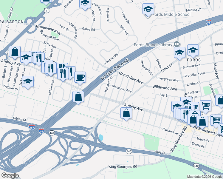 map of restaurants, bars, coffee shops, grocery stores, and more near 27 Carlton Street in Edison