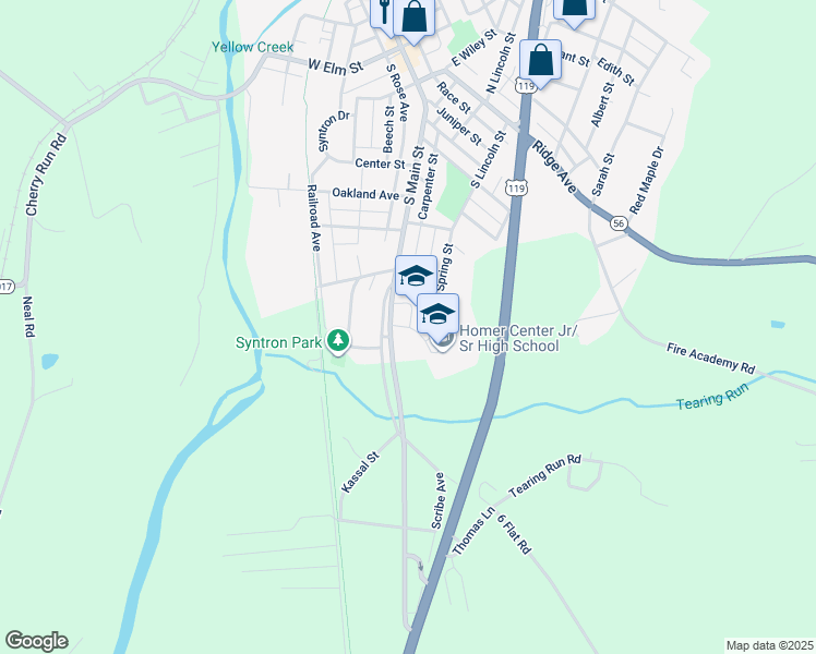 map of restaurants, bars, coffee shops, grocery stores, and more near 45 Wildcat Lane in Homer City