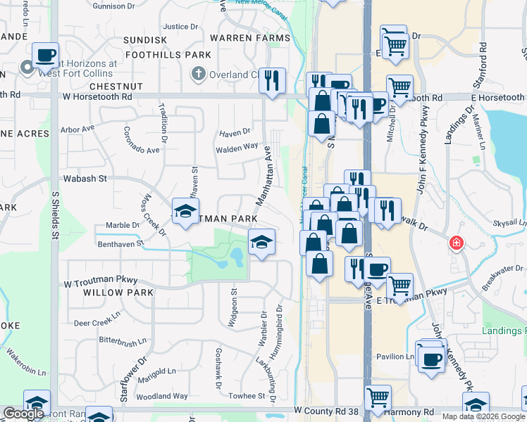 map of restaurants, bars, coffee shops, grocery stores, and more near 3907 Manhattan Avenue in Fort Collins
