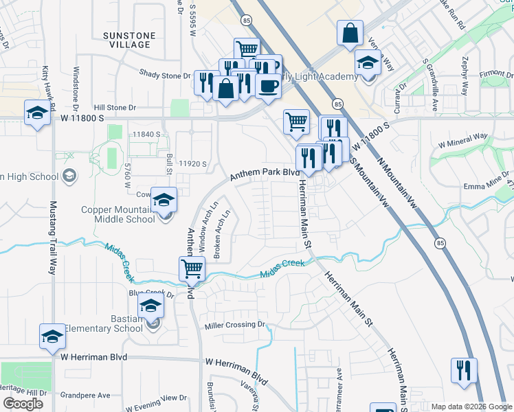 map of restaurants, bars, coffee shops, grocery stores, and more near 5398 Mount Dana Place in Herriman
