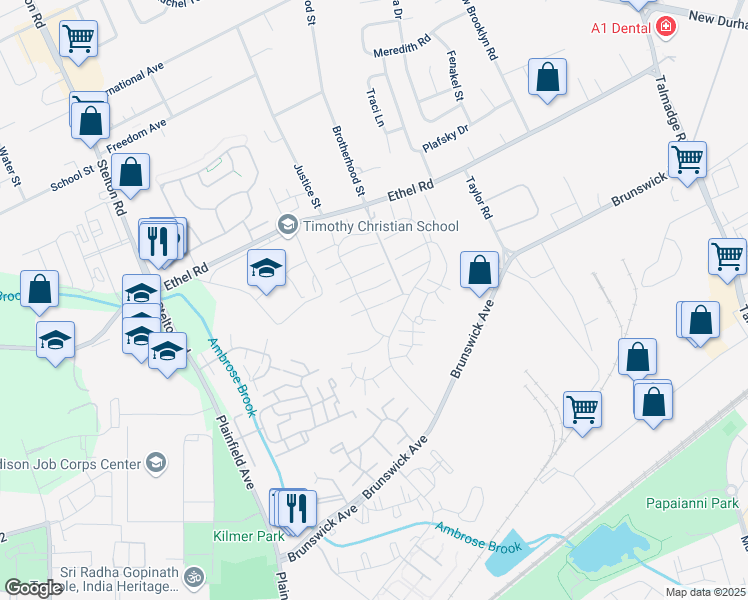 map of restaurants, bars, coffee shops, grocery stores, and more near 5701 Hana Road in Edison