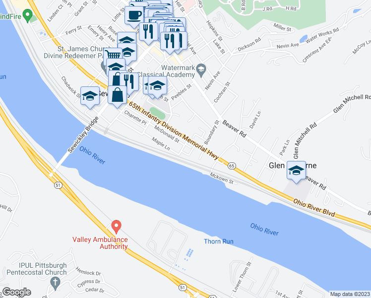 map of restaurants, bars, coffee shops, grocery stores, and more near 116 Dippold Street in Sewickley