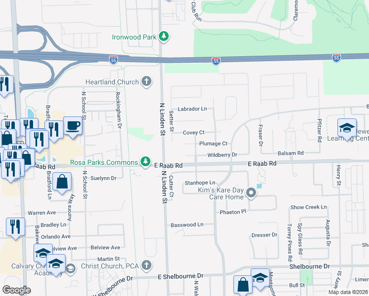 map of restaurants, bars, coffee shops, grocery stores, and more near 303 Plumage Court in Normal