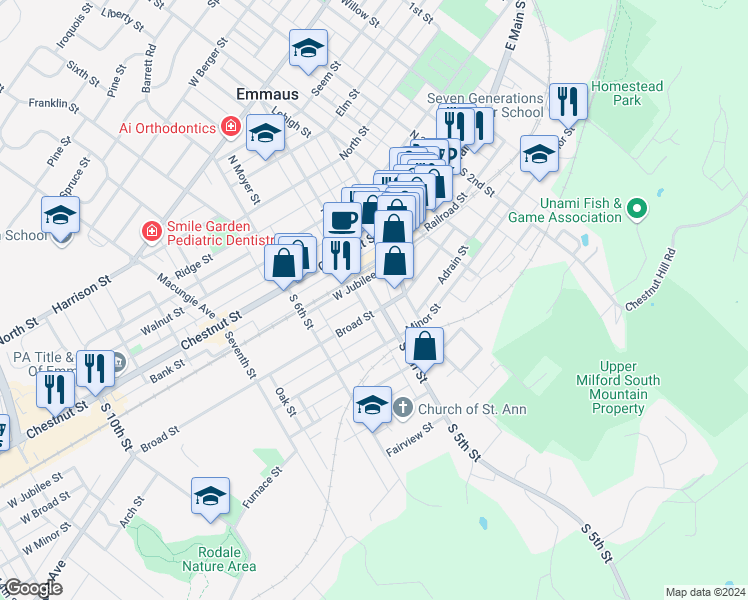map of restaurants, bars, coffee shops, grocery stores, and more near 46 South 5th Street in Emmaus