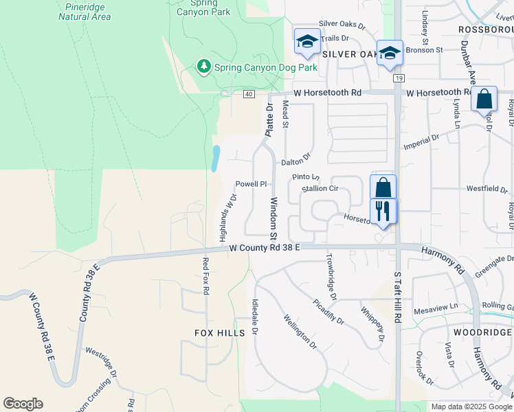map of restaurants, bars, coffee shops, grocery stores, and more near 3921 Platte Drive in Fort Collins