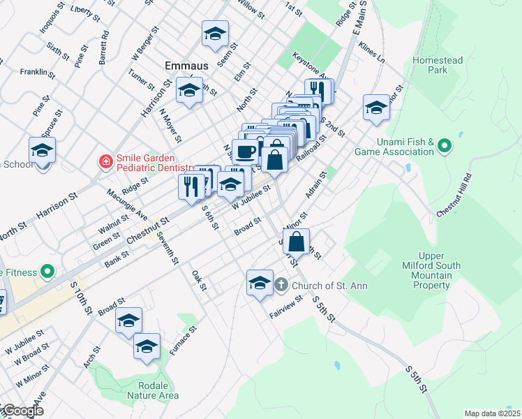 map of restaurants, bars, coffee shops, grocery stores, and more near 46 South 5th Street in Emmaus