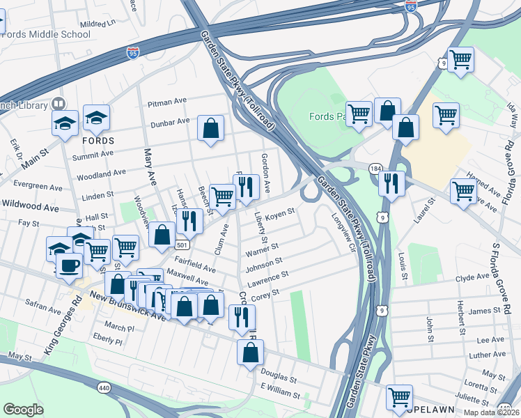 map of restaurants, bars, coffee shops, grocery stores, and more near in Woodbridge Township