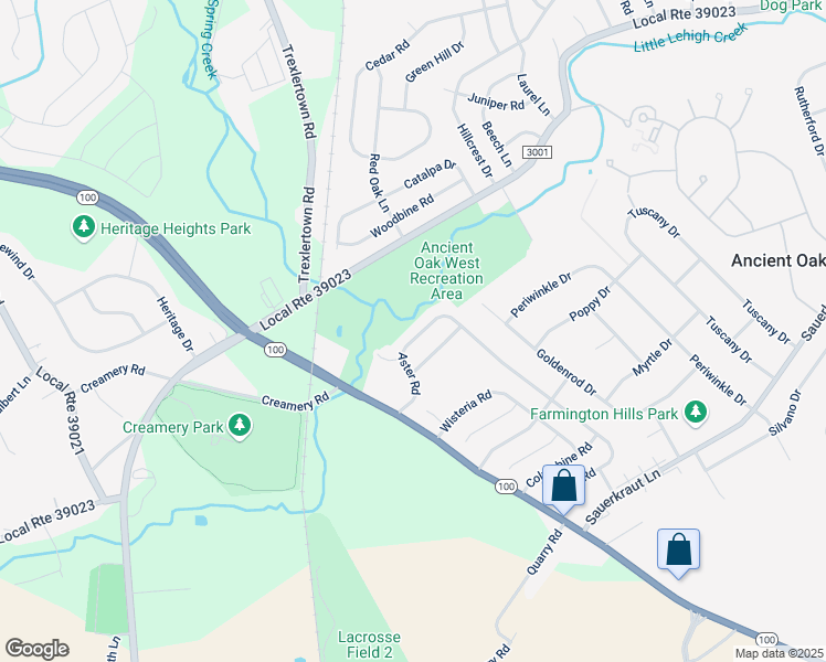 map of restaurants, bars, coffee shops, grocery stores, and more near 1875 Aster Road in Macungie