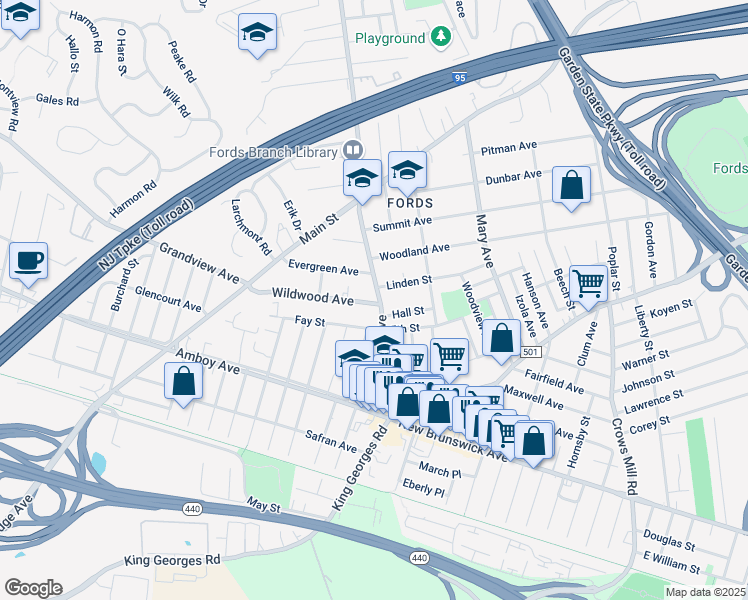 map of restaurants, bars, coffee shops, grocery stores, and more near 20 Wildwood Avenue in Woodbridge Township