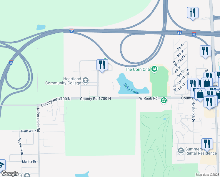map of restaurants, bars, coffee shops, grocery stores, and more near 1500 Millennium Boulevard in Normal