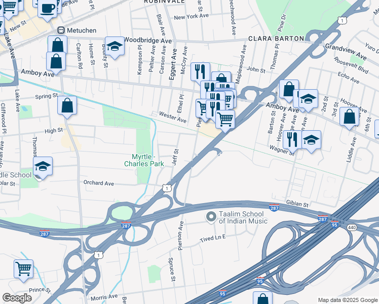 map of restaurants, bars, coffee shops, grocery stores, and more near 295 Pierson Avenue in Edison