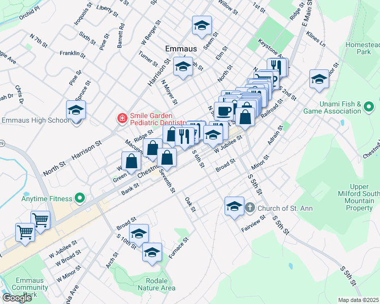 map of restaurants, bars, coffee shops, grocery stores, and more near 615 Chestnut Street in Emmaus