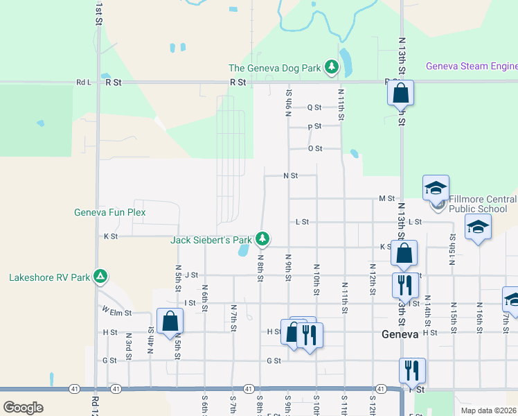 map of restaurants, bars, coffee shops, grocery stores, and more near 634 North 8th Street in Geneva