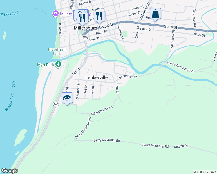 map of restaurants, bars, coffee shops, grocery stores, and more near 105 6th Street in Millersburg