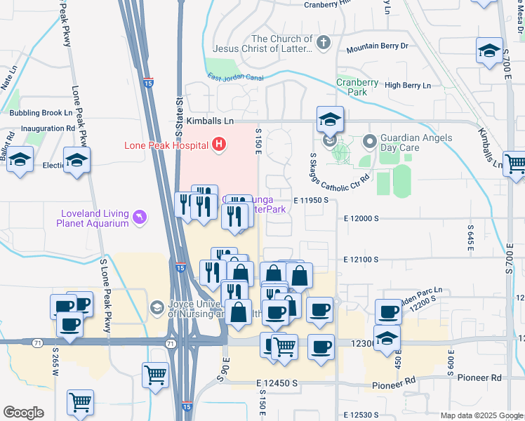 map of restaurants, bars, coffee shops, grocery stores, and more near 11974 165 East in Draper