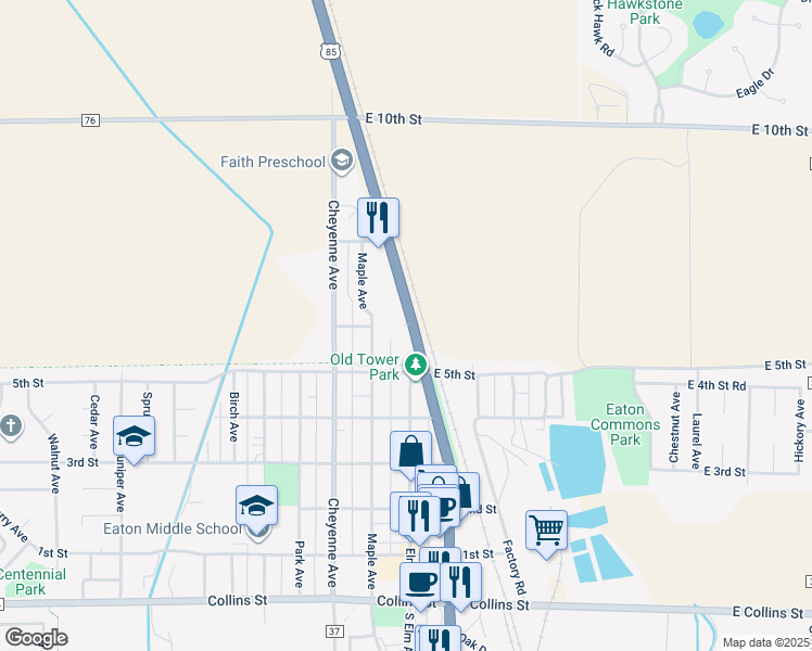 map of restaurants, bars, coffee shops, grocery stores, and more near 600 Oak Avenue in Eaton