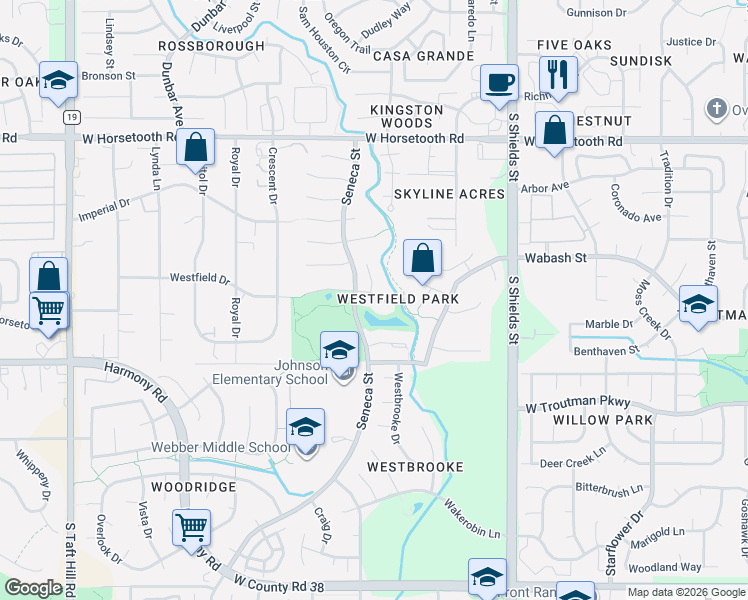 map of restaurants, bars, coffee shops, grocery stores, and more near 1421 Westfield Drive in Fort Collins