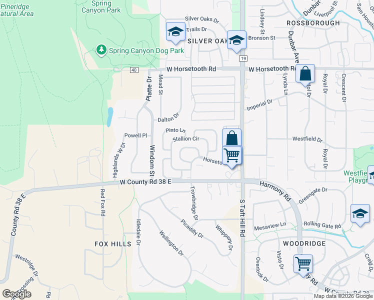map of restaurants, bars, coffee shops, grocery stores, and more near 146 Colt Circle in Fort Collins