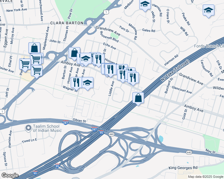 map of restaurants, bars, coffee shops, grocery stores, and more near 122 MacArthur Drive in Edison