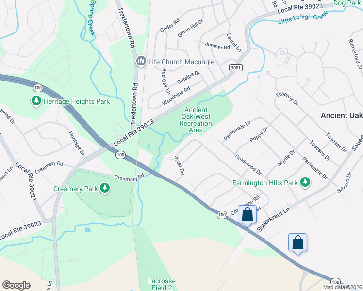 map of restaurants, bars, coffee shops, grocery stores, and more near 1859 Aster Road in Macungie