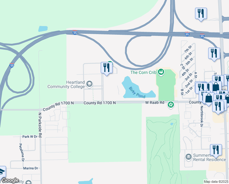 map of restaurants, bars, coffee shops, grocery stores, and more near Millennium Ave in Normal