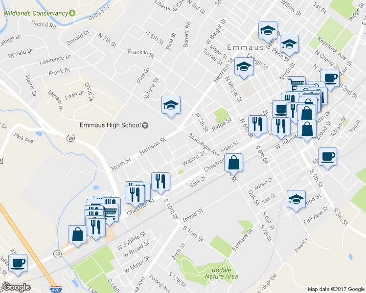 map of restaurants, bars, coffee shops, grocery stores, and more near 828 Ridge Street in Emmaus