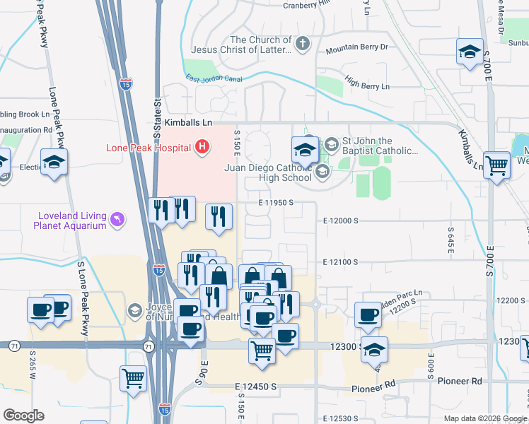 map of restaurants, bars, coffee shops, grocery stores, and more near 11972 Draperville Avenue in Draper