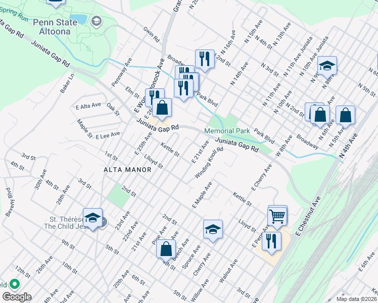 map of restaurants, bars, coffee shops, grocery stores, and more near 311-19 East 22nd Avenue in Altoona