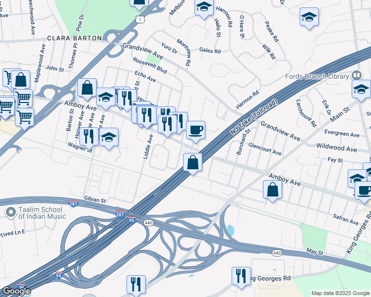 map of restaurants, bars, coffee shops, grocery stores, and more near 925 Amboy Avenue in Edison