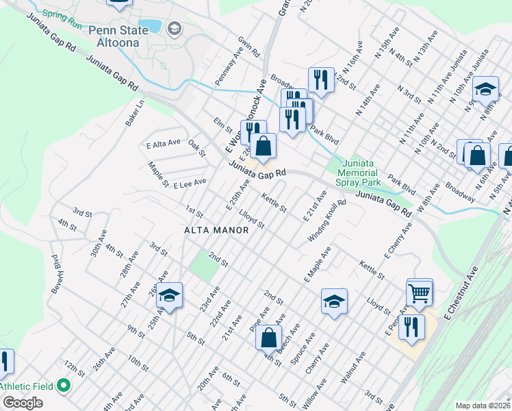 map of restaurants, bars, coffee shops, grocery stores, and more near 215-19 East 24th Avenue in Altoona