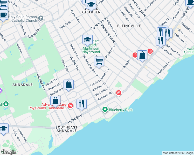 map of restaurants, bars, coffee shops, grocery stores, and more near 2 Noel Street in Staten Island