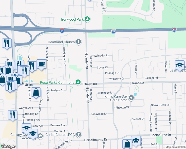 map of restaurants, bars, coffee shops, grocery stores, and more near 1707 Setter Street in Normal