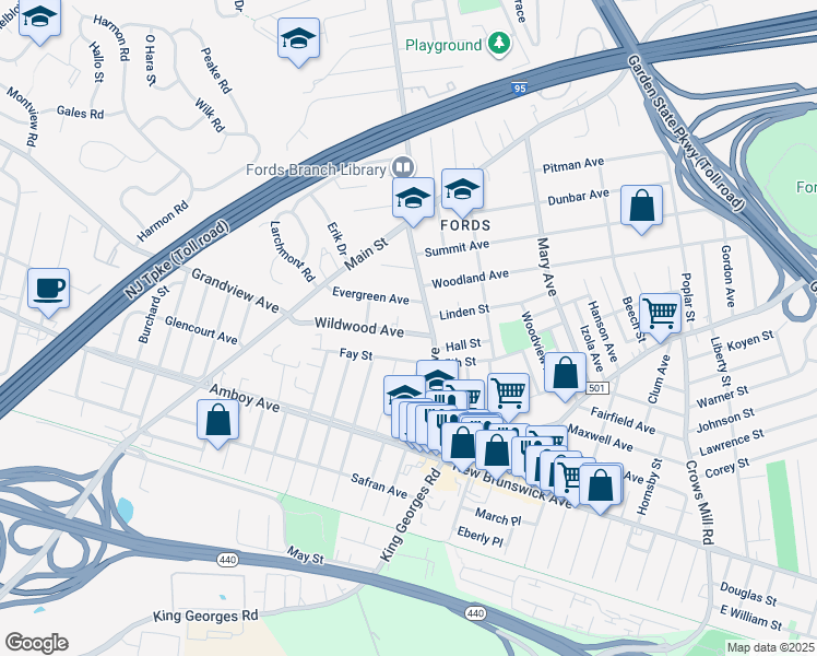 map of restaurants, bars, coffee shops, grocery stores, and more near 20 Wildwood Avenue in Woodbridge Township
