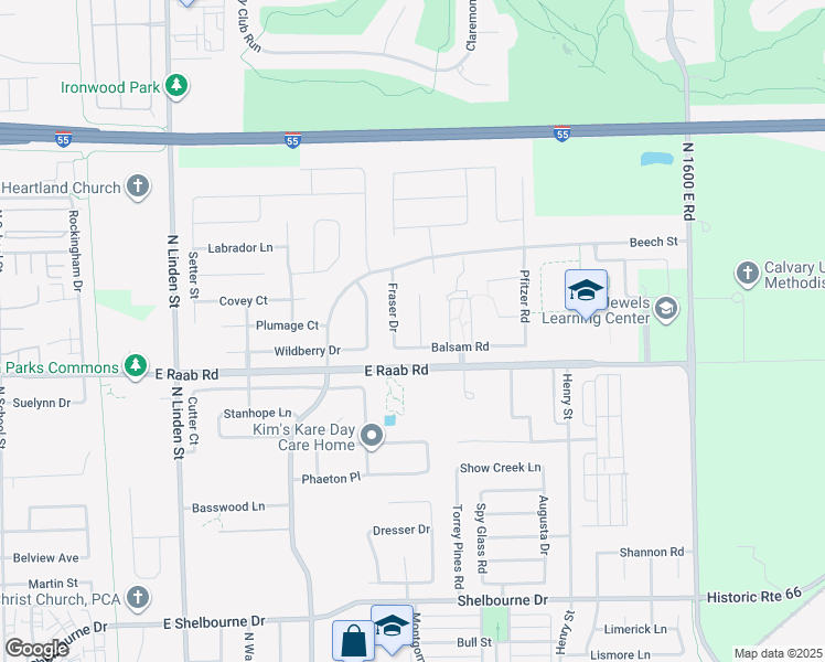 map of restaurants, bars, coffee shops, grocery stores, and more near 1705 Blue Spruce Court in Normal
