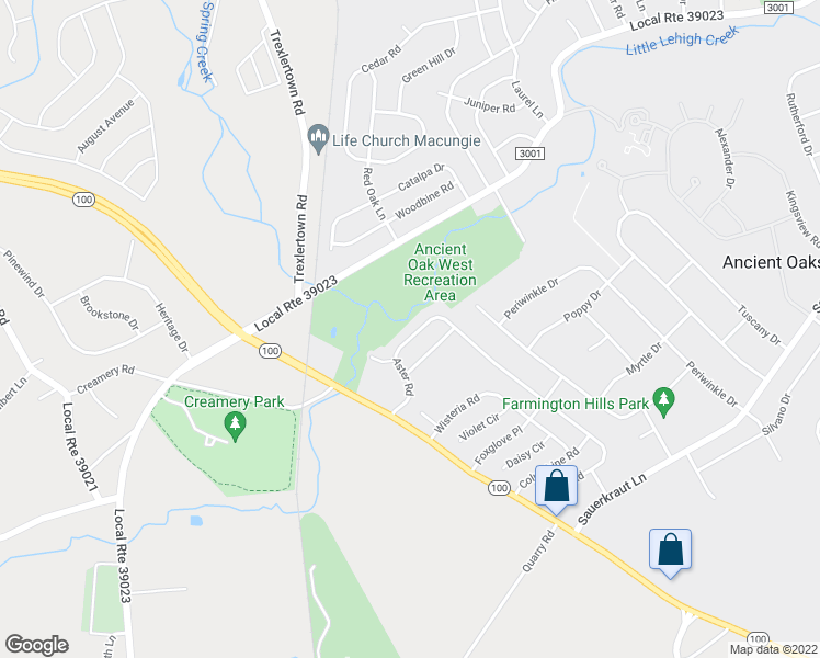map of restaurants, bars, coffee shops, grocery stores, and more near 1883 Aster Road in Macungie