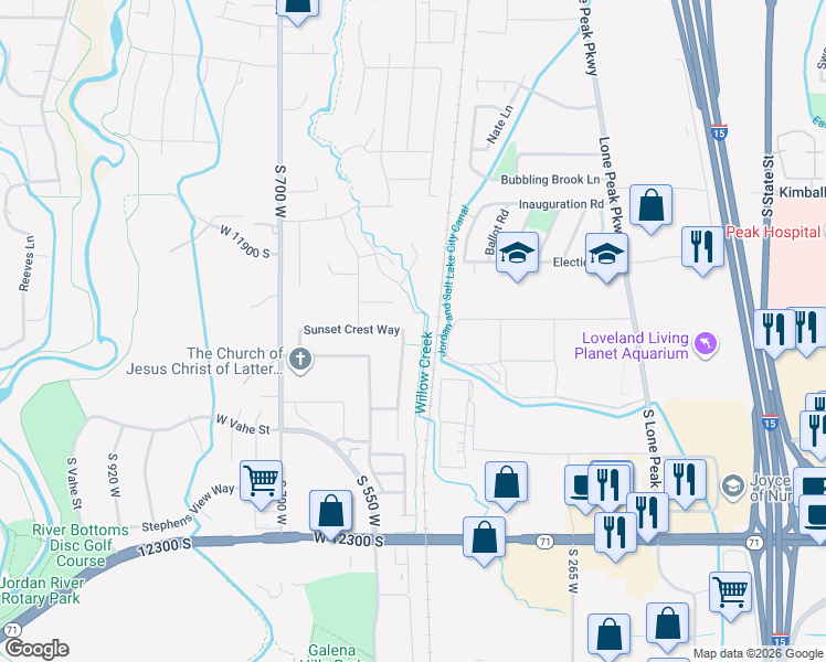map of restaurants, bars, coffee shops, grocery stores, and more near 11979 Draper Ridge Drive in Draper