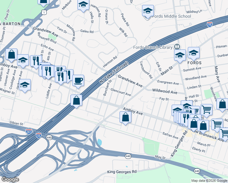 map of restaurants, bars, coffee shops, grocery stores, and more near 36 Carlton Street in Edison