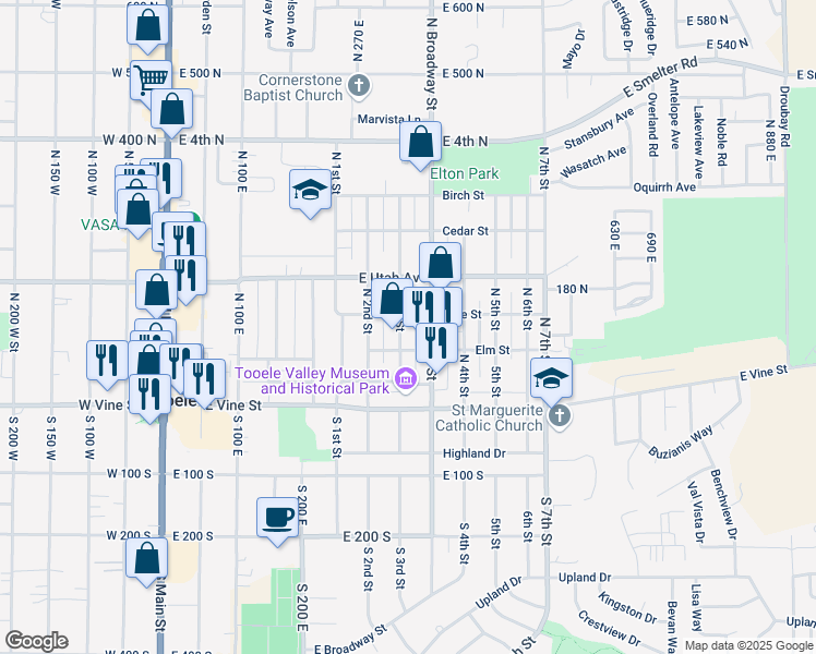 map of restaurants, bars, coffee shops, grocery stores, and more near 141 North Broadway Street in Tooele